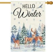 Hello Winter Deer House Flag 28 x 40 Inch Double Sided Burlap Christmas Snow Pine Tree Winter Snowflake Large Yard Flag Flag Holiday Seasonal Yard Outdoor Outside Decoration